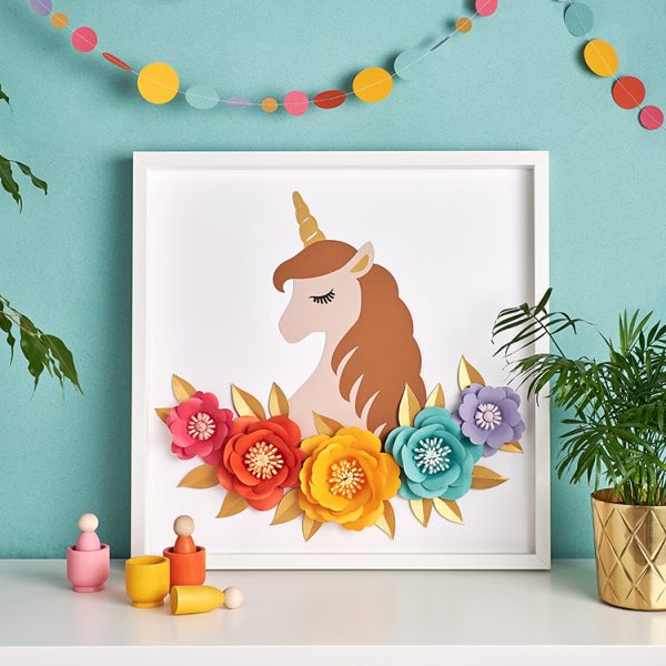 Paper cut unicorn & paper flowers nursery wall decor
